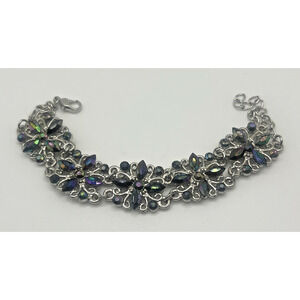 Vintage Style Silver Tone AB Rhinestone Costume Panel Statement Bracelet